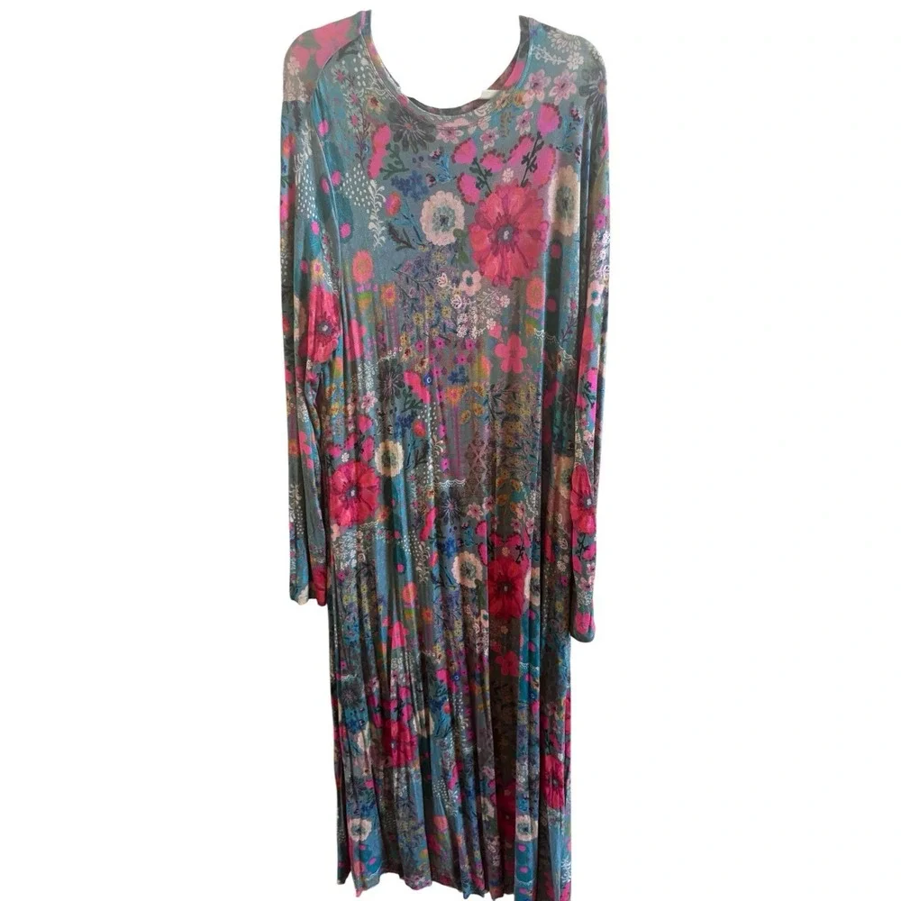 NWOT Natural Life Buttersoft Maxi Dress XXL Blue Garden Patchwork Adjustable Hem - Picture 1 of 10